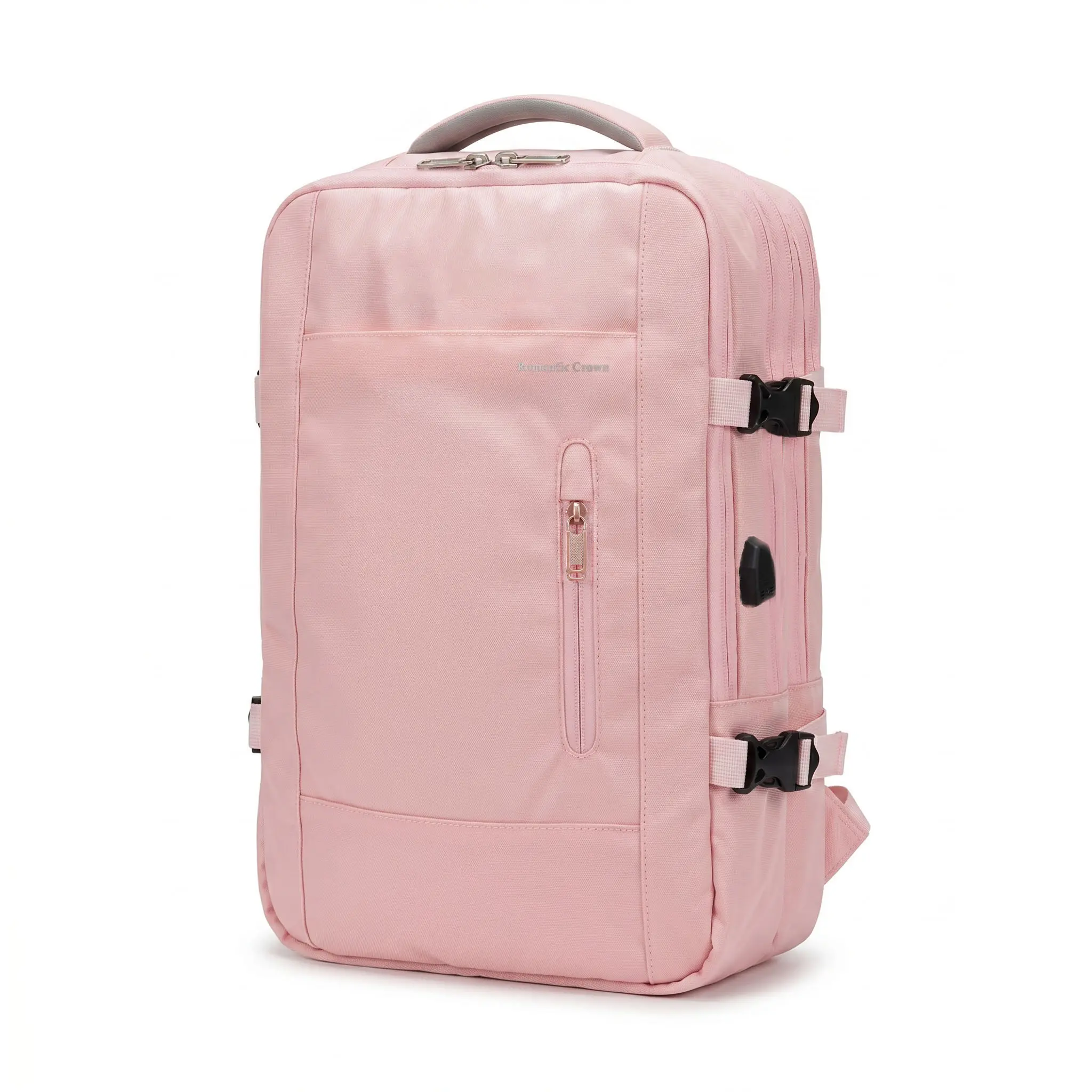 Expandable Travel Backpack, Carry On Backpack, 15.6 Inch Laptop Compatible, External USB Charging Port, Airplane Approved, 22L, Water Resistant, Side Zip Expandable, Trolley Sleeve, for Women, Pink, Business Work Travel, backtoschool