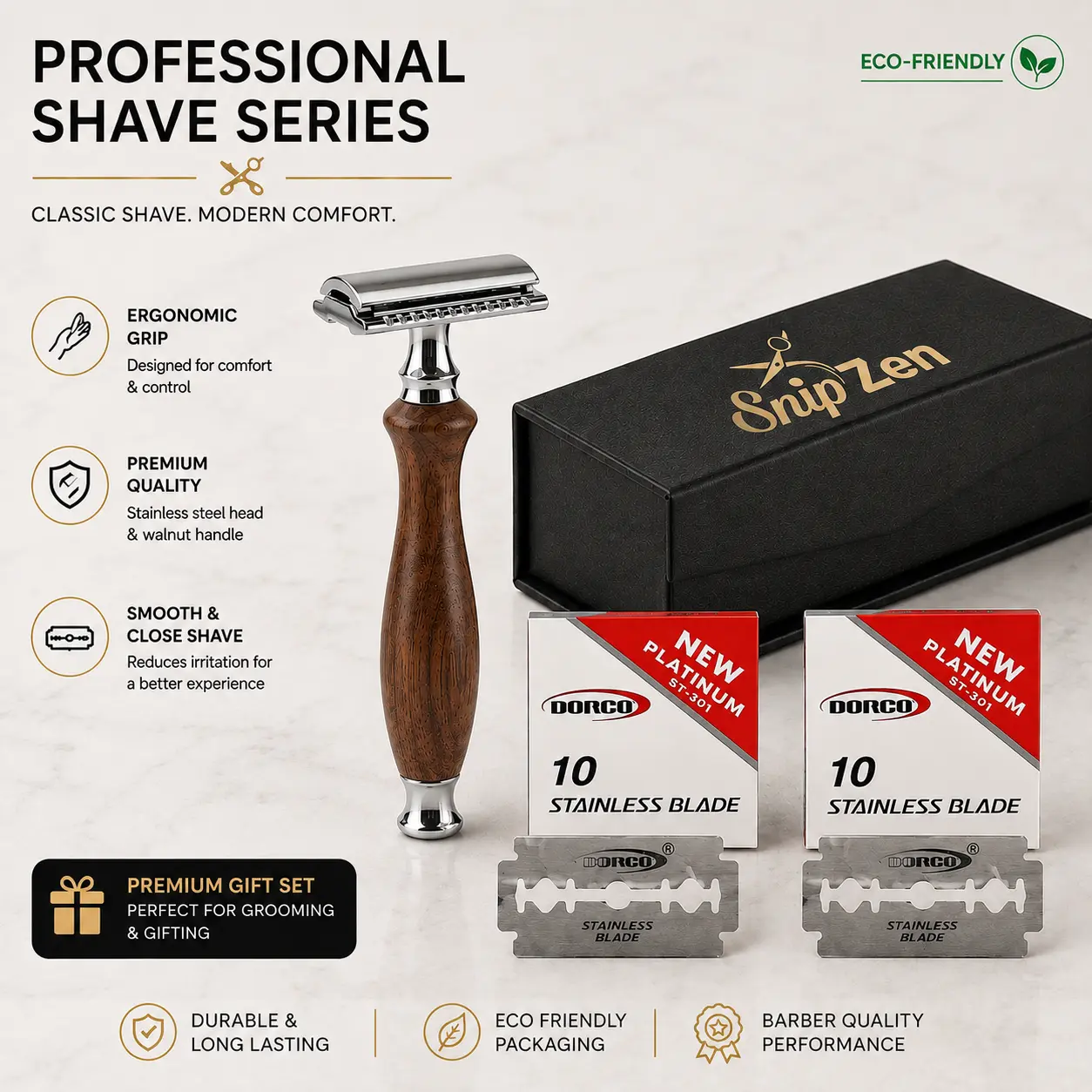 SNIPZEN Traditional Solid Steel Double Edge Safety Razor for Men - Daily Wood Handle, Closed Comb, Light Pressure Close Shave, Reusability Focused Wet Shaving Razor with 2 Boxes (20 Total) DE Blades Grooming Gift Set
