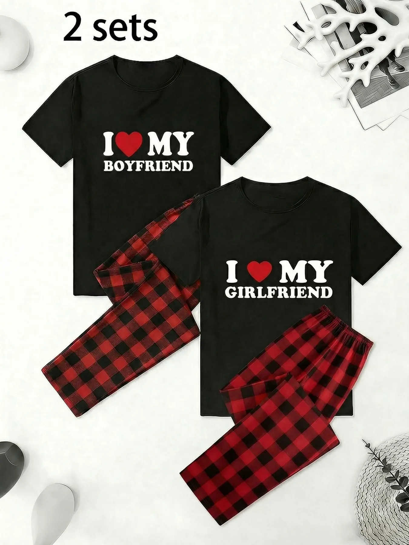 Couple Heart Love Message Pajama Set (2 Pieces), Plaid, Loose Fit, Soft Fabric, Breathable, Durable, Ideal for Home & Couples