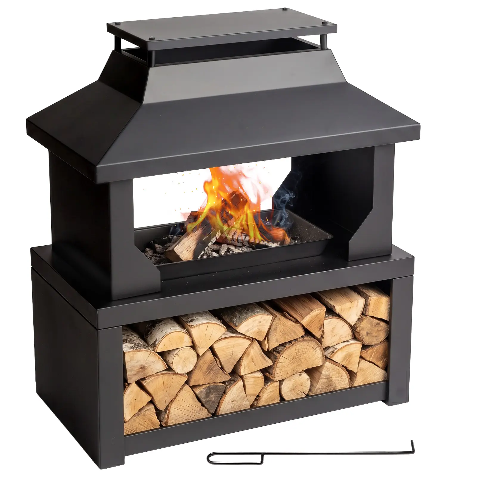 32" Black Wood Burning Firepit Set, Large Outdoor Fire Pit with Chimney, Fire Poker & Wood Storage, for Backyard Patio Party Camping, Fire Pit Set