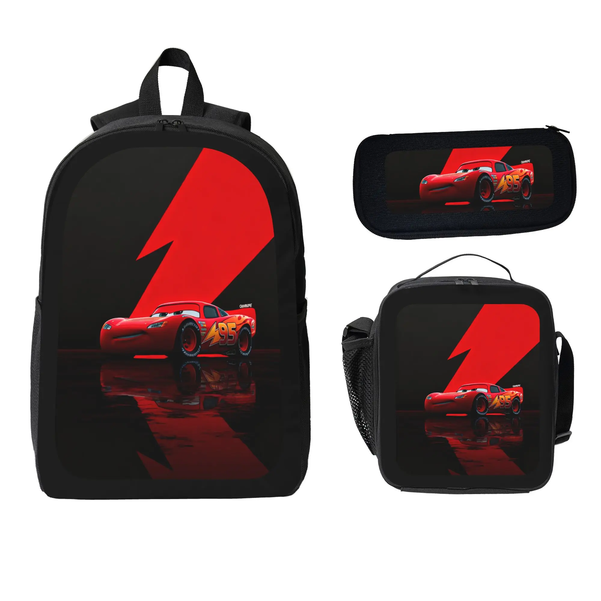 Red Formula Race Car 3-Piece Backpack Set, Checkered Flag School Bookbag with Matching Lunch Bag and Pencil Case, Racing Backpack for Boys Girls Teens, Driver Gift, School Travel Racing Daypack Gift