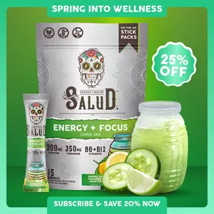 Salud 2-in-1 Energy Drink Powder + Focus, Cucumber Lime, Organic Caffeine, B6 + B12, Theanine, Clean Energy Drink Packets, Agua Fresca Mix, Non-GMO, Gluten Free, Vegan, 1g of Sugar, (15 Servings)