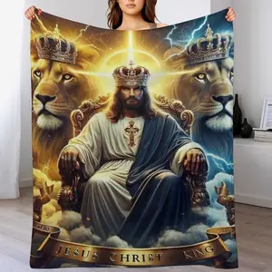 Jesus Christ the King Throw Blanket , Lion of Judah Jesus Plush Blanket  ，Almighty King on Cloud Throne , Lion of Judah & Celestial Throne Design, Soft Flannel for Christian Faith & Spiritual Strength Home Decor
