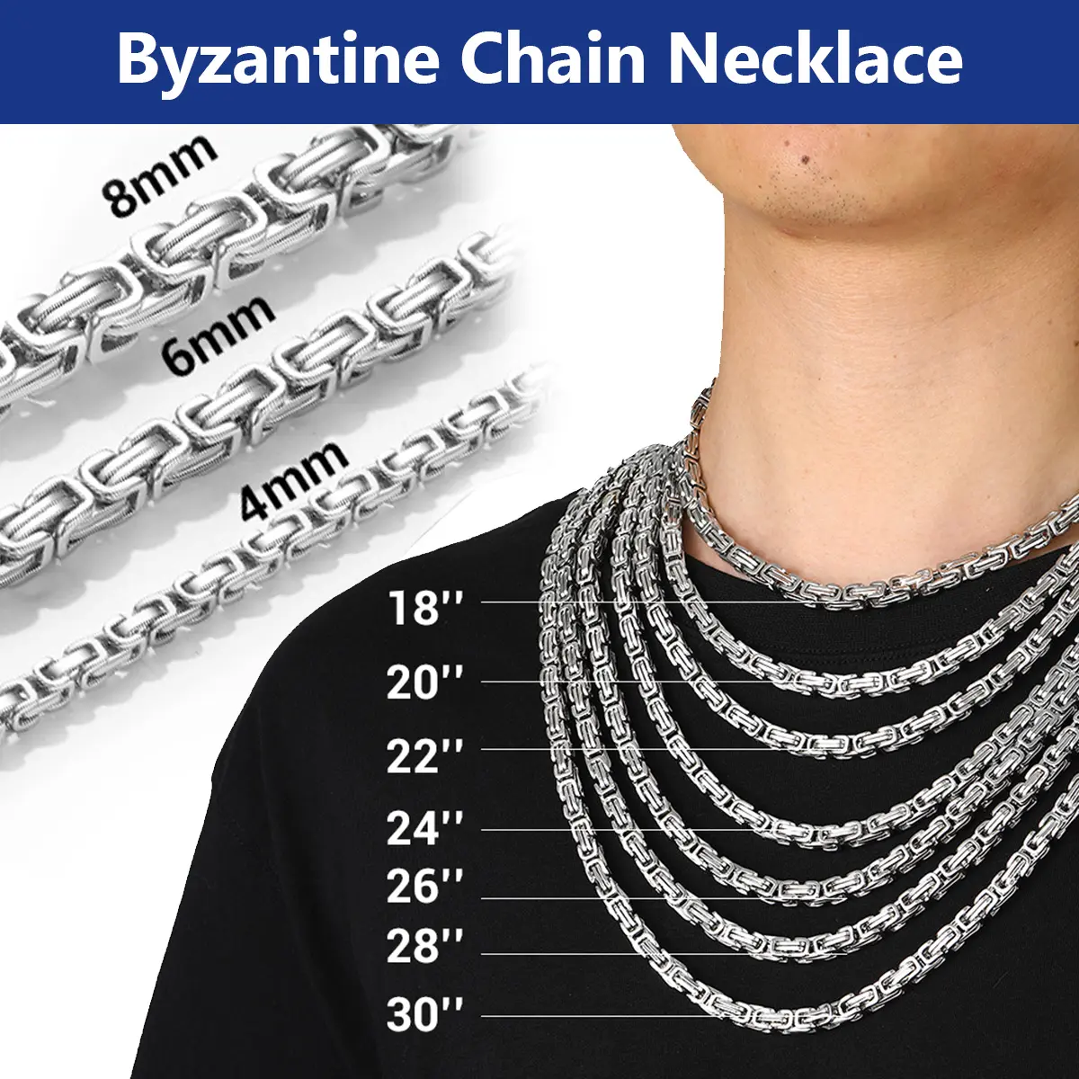 Byzantine Chain Necklace Stainless Steel Stylish and Cool Length 18-30 Inches Width 4MM/6MM/8MM Necklaces For Men Women with Gift Box