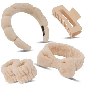 Spa Headband & Wristband Set with Hair Clips – Puffy Skincare Headband for Washing Face, Makeup & Daily Skin Care(Multiple Colors)
