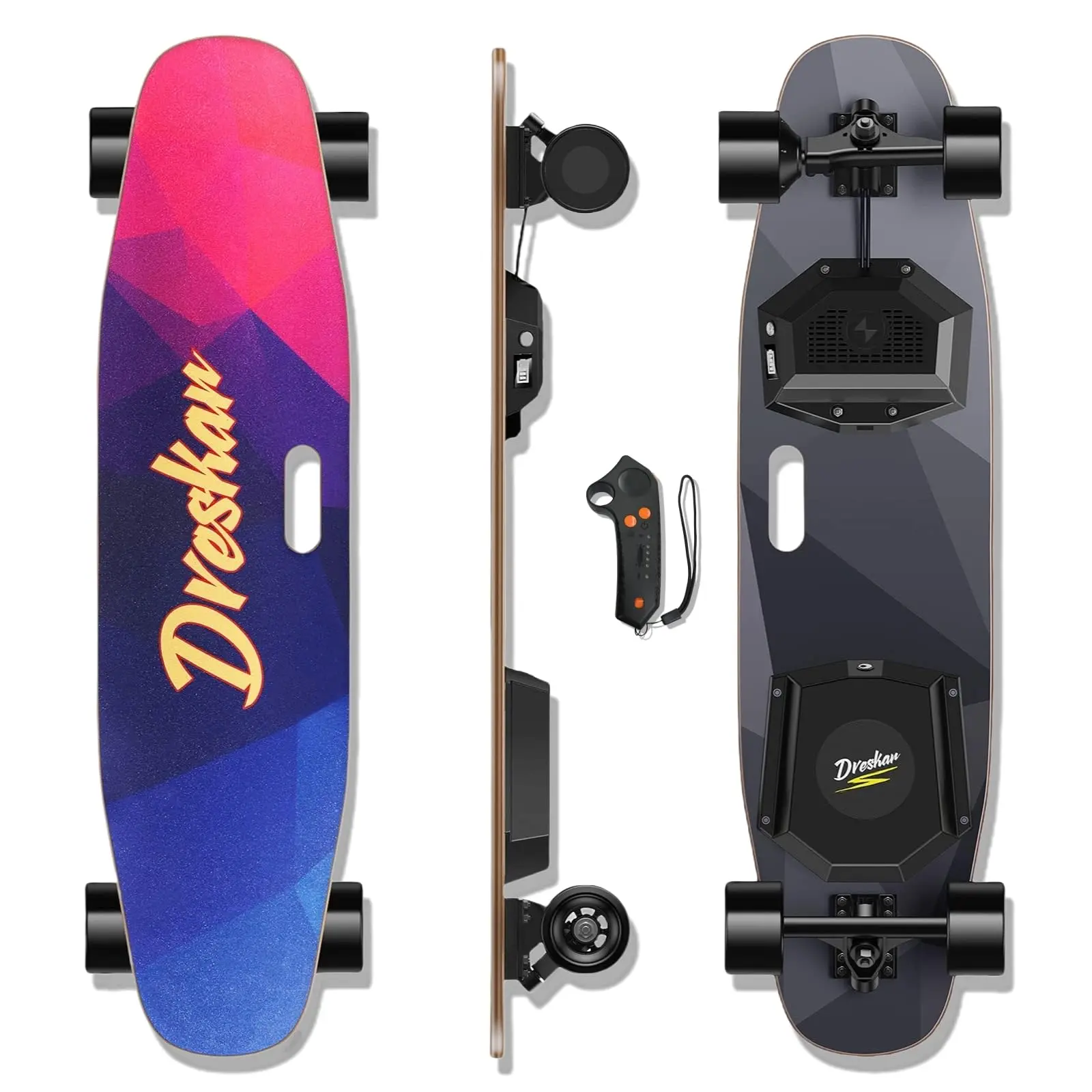 DresKar electric skateboard, top speed 22 mph, range 15.5 miles, 450W brushless motor, electric longboard with wireless remote, 7-layer maple deck, max load 176 lbs, UL certified, 1-year warranty