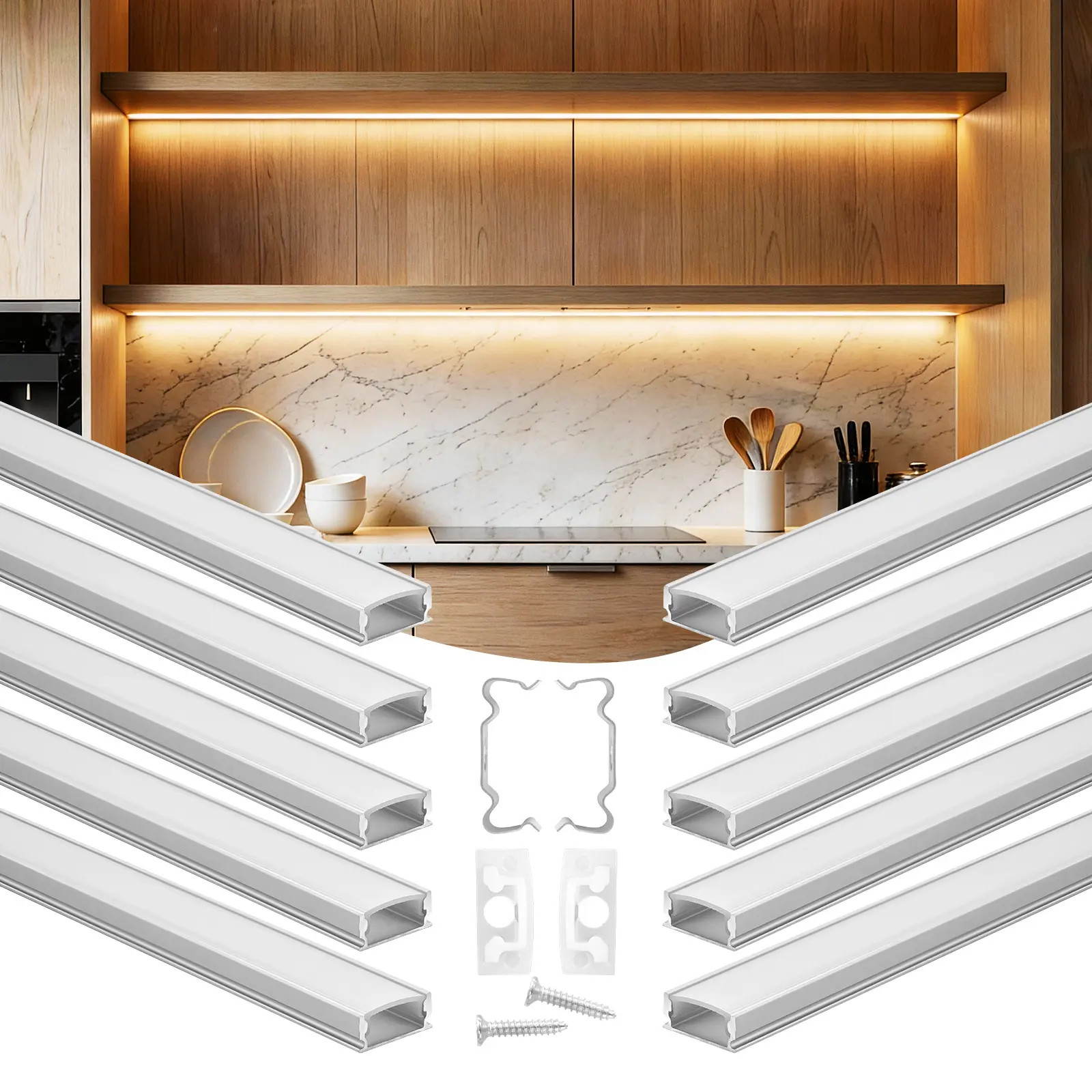 【toolupgrade】VEVOR 10-Pack U-Shape LED Aluminum Channel (3.3 ft/1M) with Milky Cover, End Caps, Mounting Clips, Easy Installation for LED Strip Lights, Under Cabinet Counter Use, Father's Day Gift, Led Lights