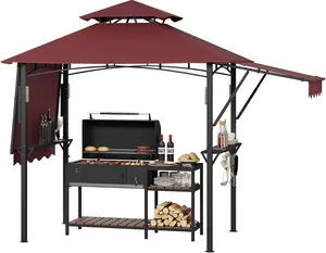 8x5 Grill Gazebo Outdoor BBQ Canopy, Double Tier Patio Grill Shelter with Adjustable Dual Side Awnings, 2 Handy Shelves, Hooks & Ceiling Light Hook, Heavy Duty Steel Frame for Backyard