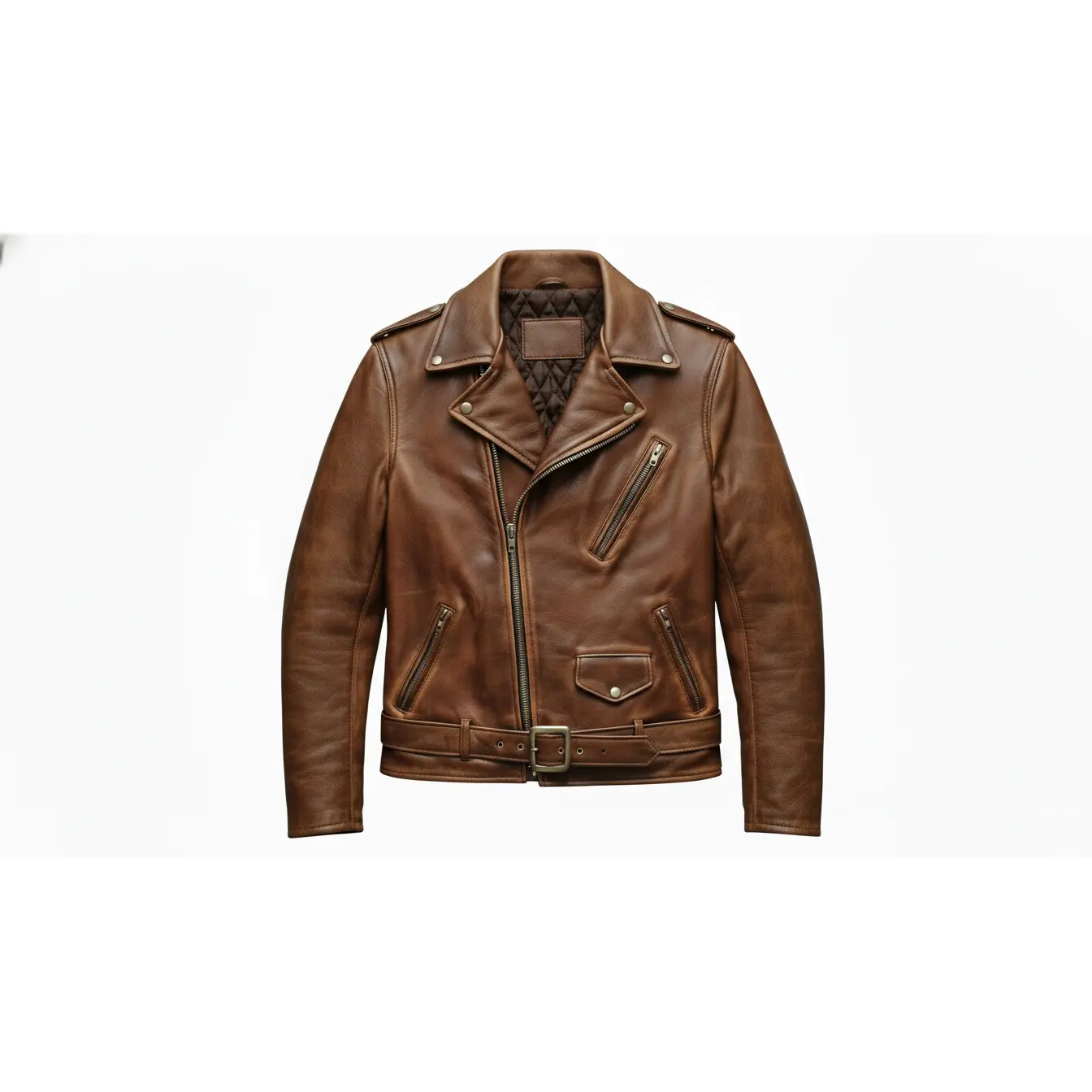Men’s Vintage Brown Leather Biker Jacket with Multiple Zipper Pockets - Moto