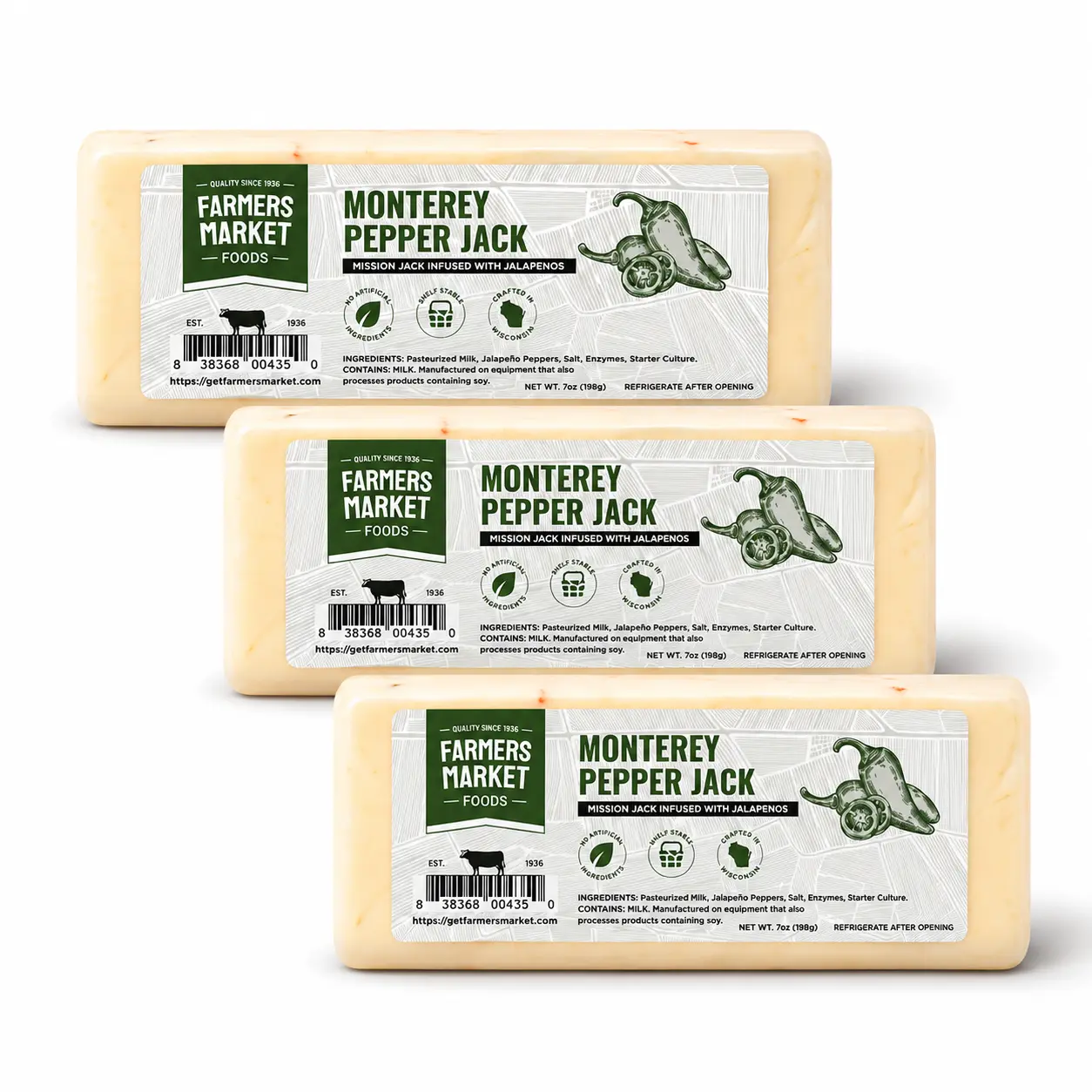 Farmers Market Wisconsin Cheese Blocks 3 Pack - Monterey Pepper Jack Cheese, Gluten Free Keto Paleo Friendly Zero Sugar Low Sodium Spicy Snack Cheese, Gourmet Pepper Jack Set
