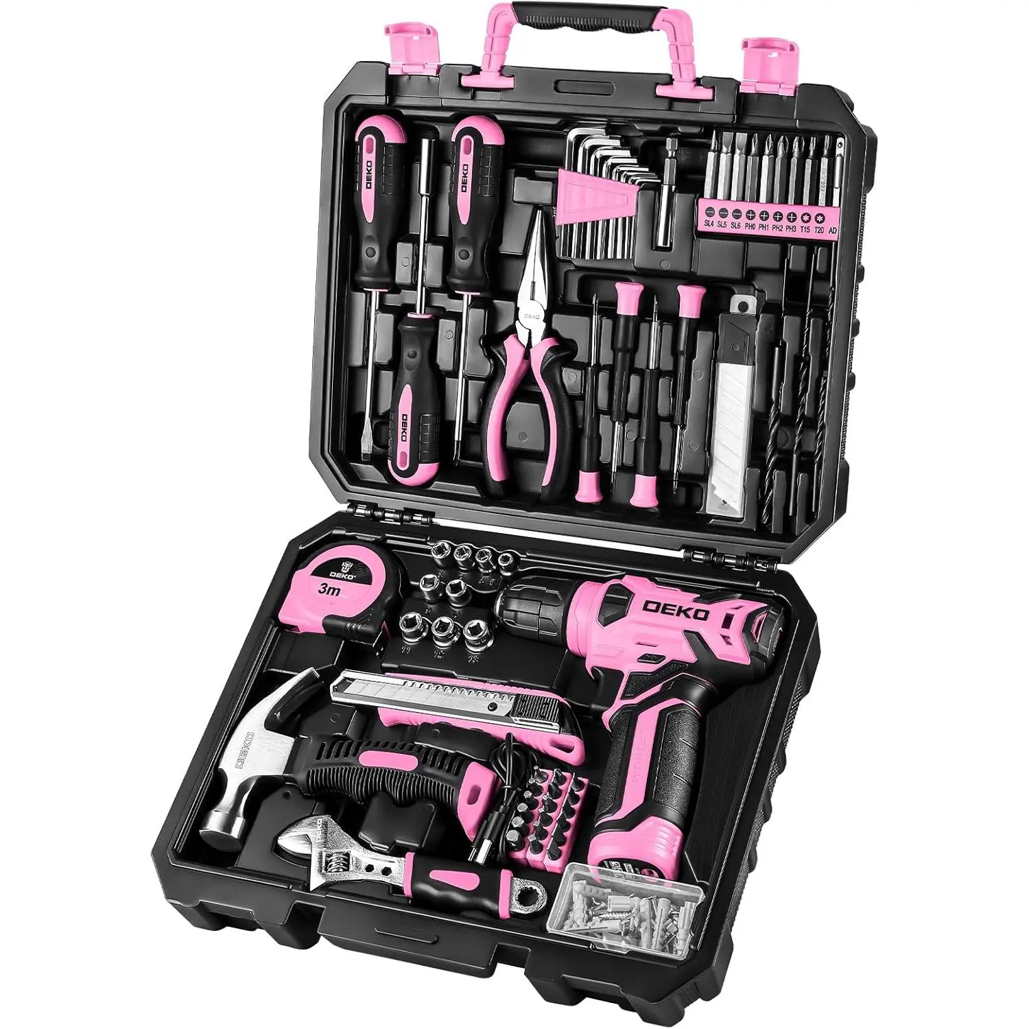 Women's 8V Pink Cordless Drill Set - 126-Piece Home Hand Tool Kit for DIY Home Projects, 126 Pieces