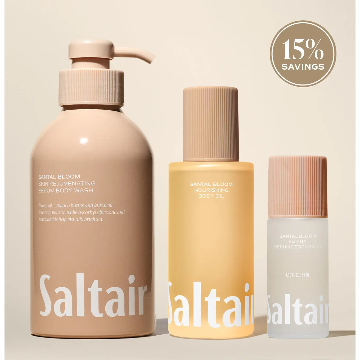 Saltair Santal Bloom Essentials Set - Serum Body Wash (17 fl oz), Nourishing Body Oil (4 fl oz) & AHA Serum Roll-On Deodorant (1.7 fl oz) Bundle for Soft, Glowing Skin - Creamy Sandalwood, Sheer Amber, Sensual Musks