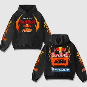 Retro KTM x Redbull Racing Acid Washed Hoodie MotoGP World Champion Enthusiast Apparel Streetwear Racing Team Motorcycle Clothing Motobike Riders Supermotor Off-Road Dirt Bike Fan Gear Cotton For Motor Fan