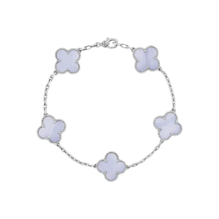 Pre-owned Van Cleef & Arpels Vintage Alhambra Bracelet, 5 Unique Chalcedony , 18K White Gold，full set