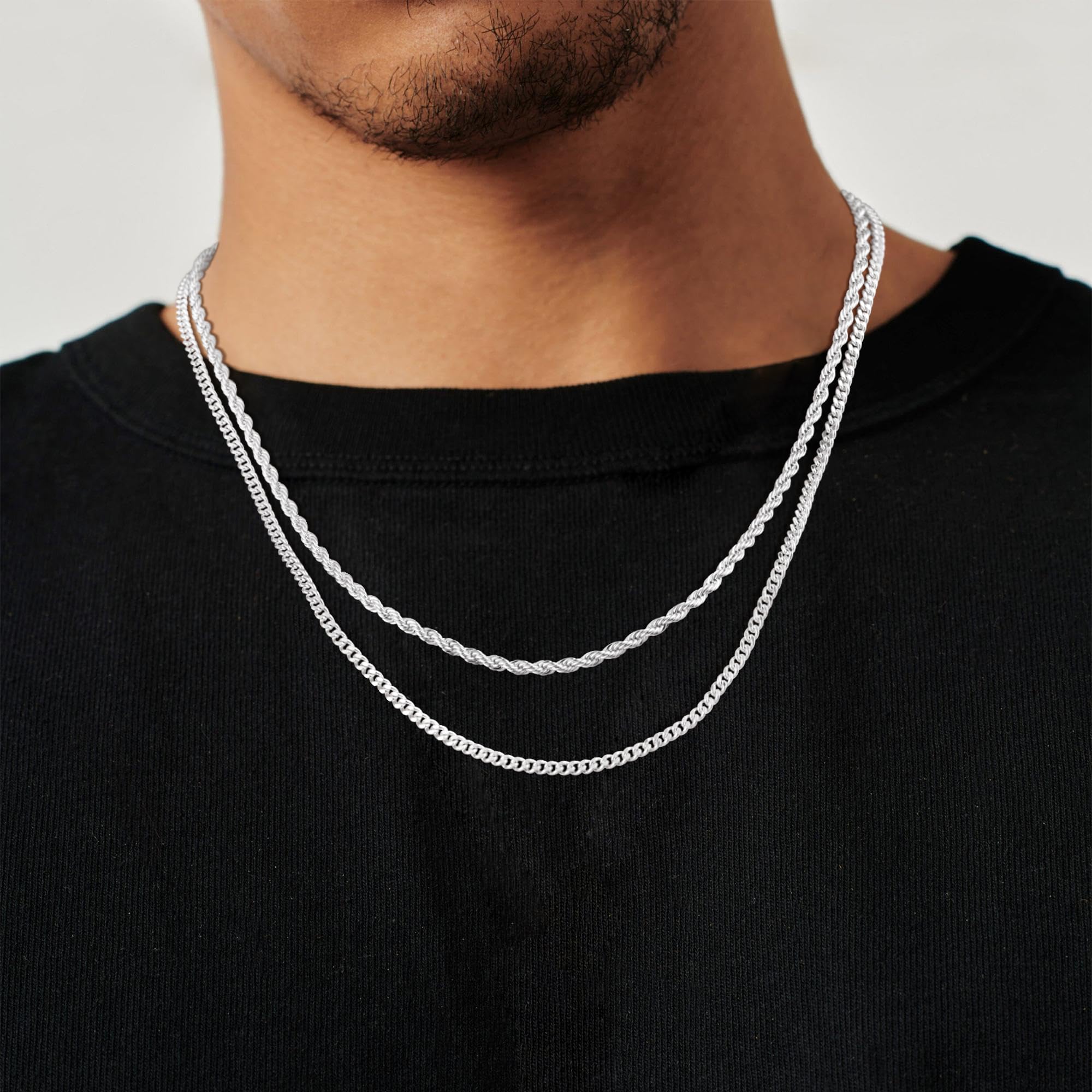 Tewiky Trendy 2Pcs 3mm Chain Necklace for Men SummerVibes Silver Layered Cuban Link Rope Necklaces Set Simple Jewelry Gift 18-28 Inches Present Jewelry