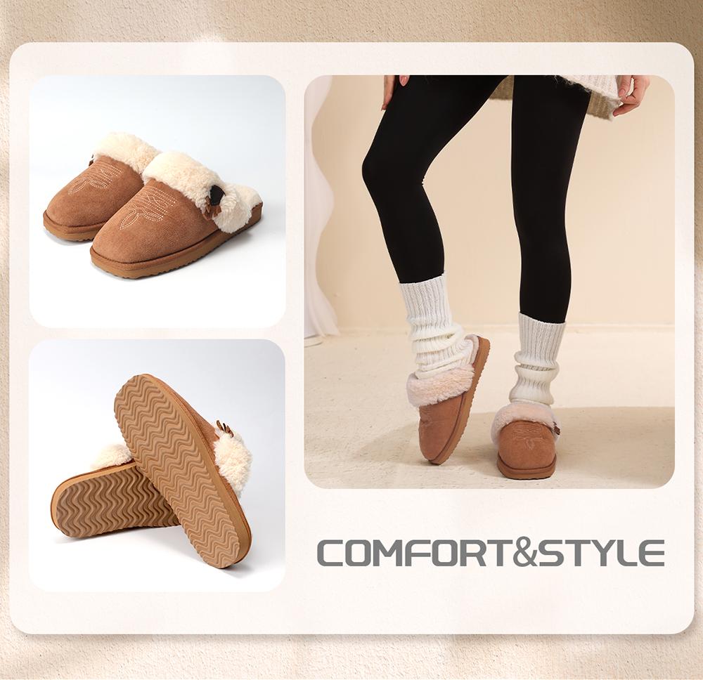 OOW Fuzzy Cozy  Slippers for Women with Memory Foam Comfy Bedroom Fluffy Slippers with Faux Fur Lining Western Cowgirl Boot Slippers Indoor & Outdoor Square Toe