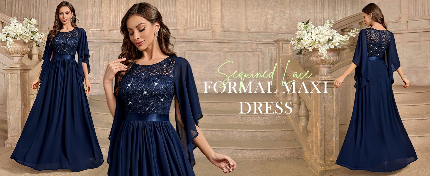 Miusol P83099 Plus Size Women's Sequin Floral Lace Chiffon Flare Sleeve Formal Dress Elegant Evening Gown All Seasons Party dress,Evening dress Normal Type  Womenswear Maxi Dress SpringStatements