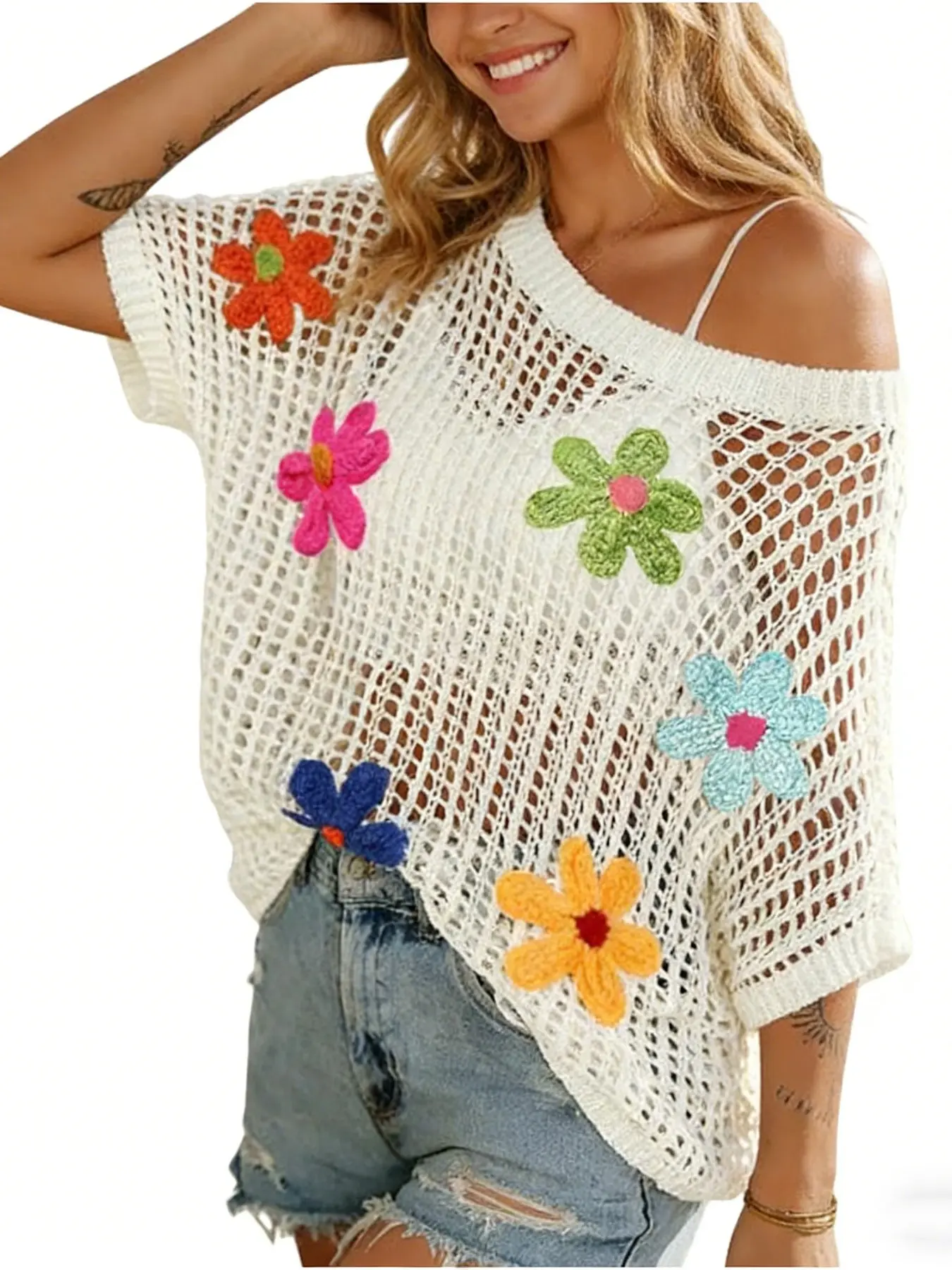 Women's Summer Crochet Floral Short Sleeve Pullover Knit Shirt, Boho Style Loose Fitting Beach Cover-Up for Trendy Beach Coverups