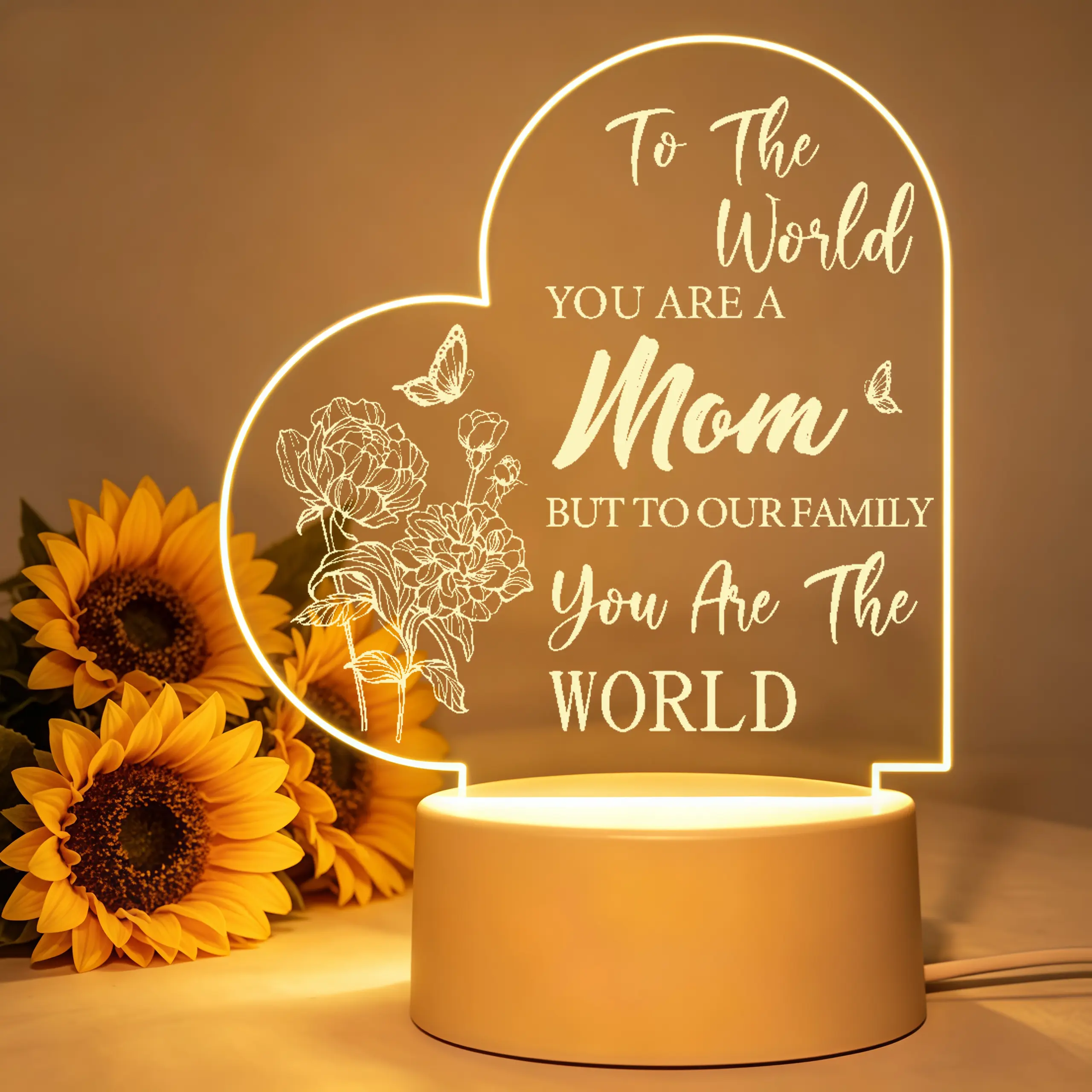 Heart Shaped Peony & Butterfly Engraved Acrylic Warm White LED Night Light - USB Soft Light, Inspiring Design for Moms Quote Desk Lamp, Mother’s Day Birthday Sentimental Keepsake Gift for Moms Bedroom Decor