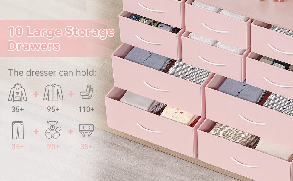 【Garvee】10 Drawer Pink Dresser for Kids Room, Freestanding Storage Cabinet with Wood Top for Girls Bedroom or Playroom