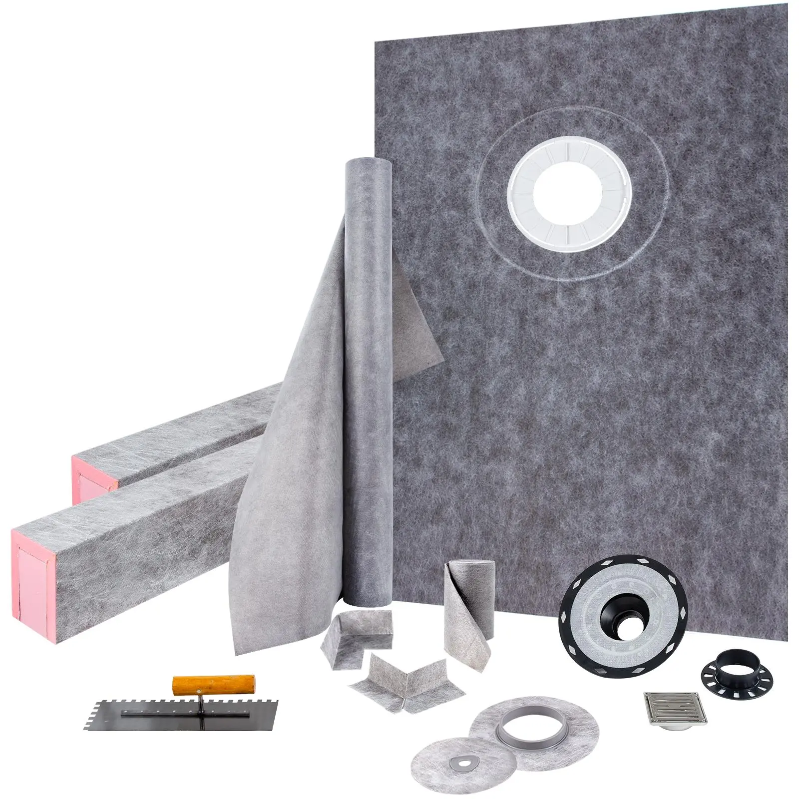 【FathersDayGift】VEVOR Shower Curb Kit 38\" x 60\" Watertight Shower Curb Overlay with 4\" PVC Offset Bonding Flange,  , 4\" Stainless Steel Grate, 2 Cuttable Shower Curb and Trowel, Shower Pan Slope Sticks Fit for Bathr