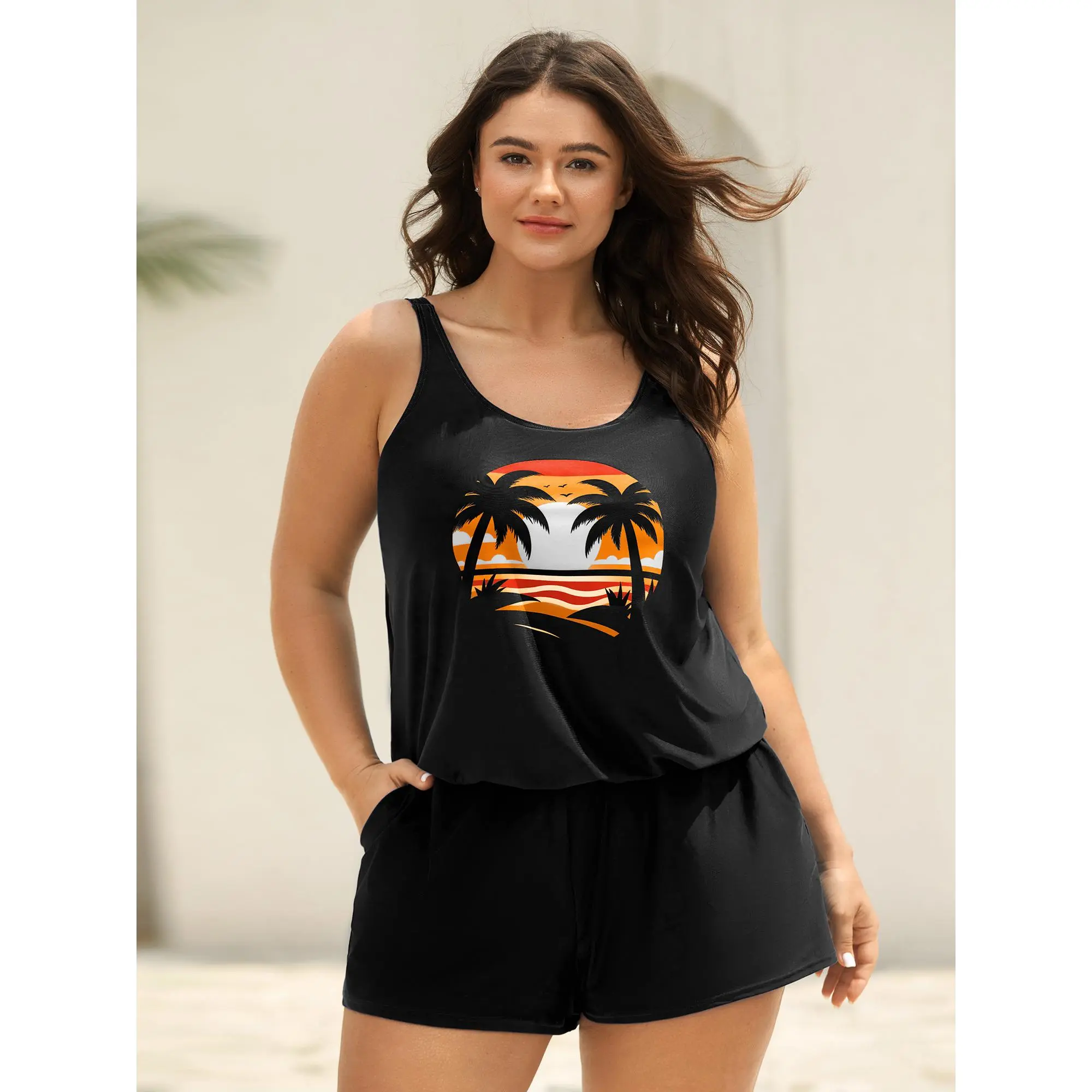 【Tummy control】BLOOMCHIC Plus Size Island Pattern Pockets One-Piece Swimsuit [M-6X]Swimming Bathing Suit,Summerfinds