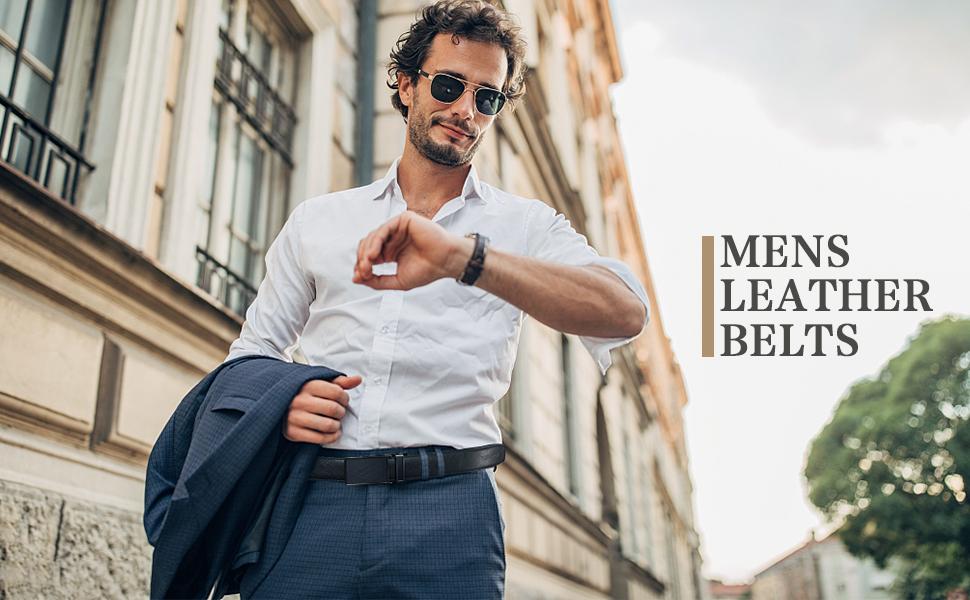 BOSTANTEN Leather Mens Belt Easy Release Ratchet Belt For Men Dress and Casual with Adjustable Buckle, Trim to Fit Textured Fathers Gift