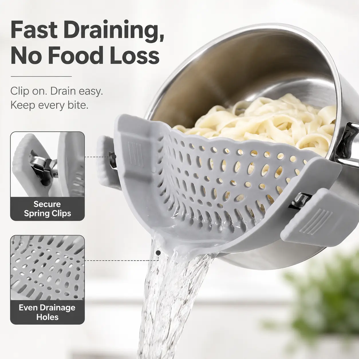 Silicone Clip-On Colander Pot Strainer for Pots Pans Bowls, Pasta Vegetable Clip-On Drainer Kitchen Strainer Tools