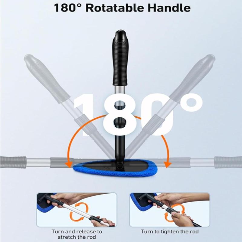 Extendable Car Windshield Cleaner Kit - 180° Pivot Head Handle, 4 Microfiber Cloths, High-Efficiency Car Accessories, Multi-Use Cleaning Tool for Auto Interior, Exterior and Home