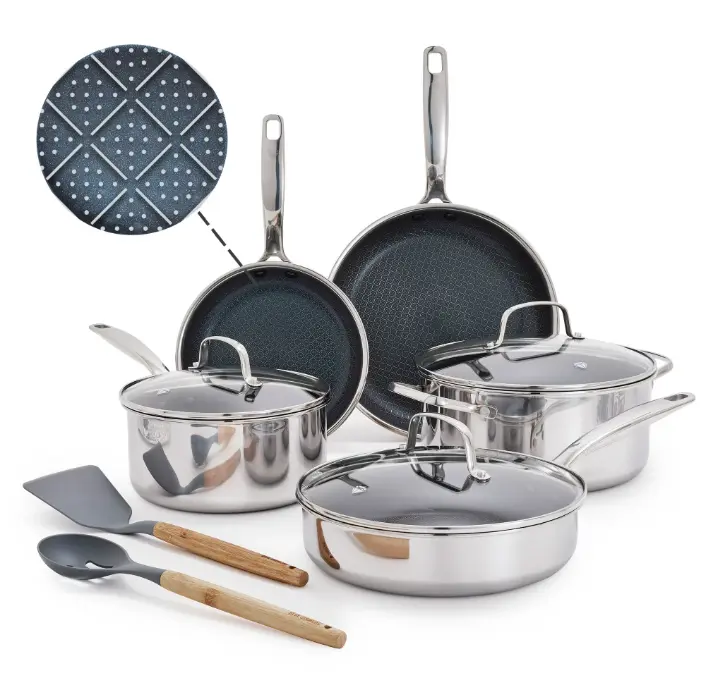 Blue Diamond 10-Piece Diamond-Bond Hybrid Nonstick Ceramic Stainless Steel Cookware Set, Dishwasher Safe