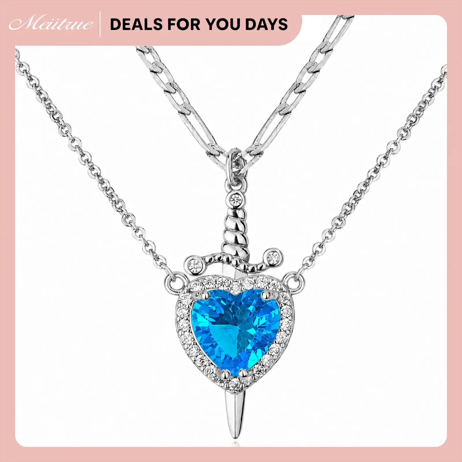 MEIITRUE 14K Gold Plated Heart Pendant Necklace for Women & Men Zirconia Dagger Cross Layer Necklace Matching Jewelry for Couples