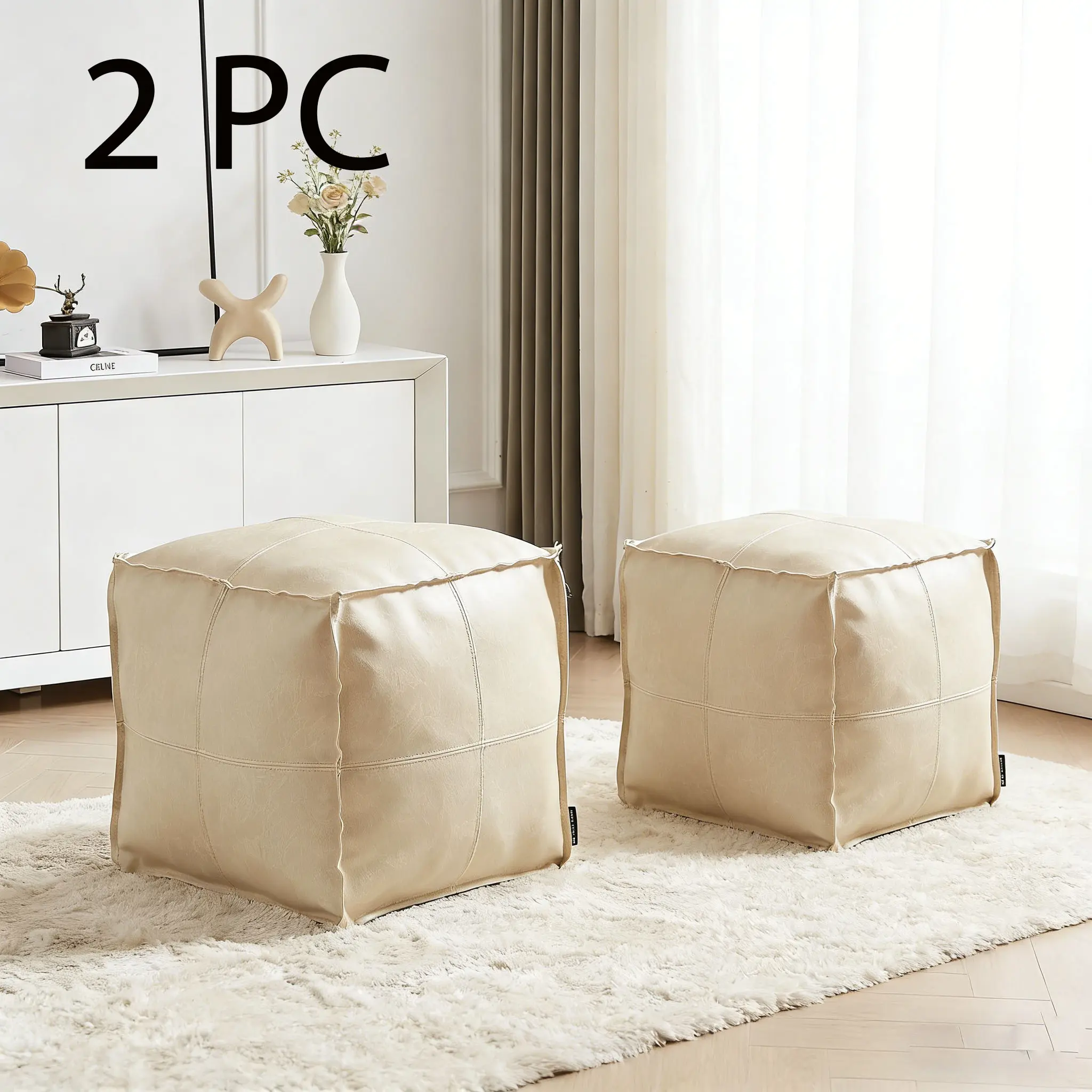 Unstuffed Pouf Ottoman Cover Premium Textured Finish Non-Slip Bottom Sturdy Zipper DIY Fillable Square Footstool for Living Room Scratch-Resistant Easy Clean Modern Home Decor 17" Diameter, Matte Faux Leather ,Cushioned Stool, Foot Rest Stool