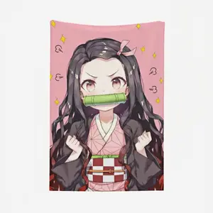 Nezuko Kamado Demon Slayer Blanket Ultra Soft Plush Flannel Cozy Warm Bedroom Couch Sofa Lounge Decor Pink Kimono Bamboo Mouthpiece Print Birthday Christmas Gift for Anime Fans Teens Kids Girls Men Women