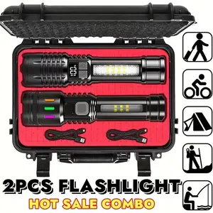 2pcs Flashlights Rechargeable High Power Spotlight on, Tactical Flashlight Handheld Emergency with 5 Modes, Zoomable, Digital Display, for Outdoor Fishing Survival Hunting Camping Gear, Gifts for Father/Husband/Boyfriend