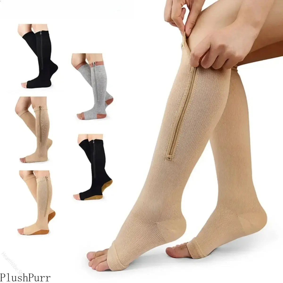 Women's Zipper-Closure Open-Toe High Compression Socks - French Terry Sports Socks for Edema Relief and Varicose Veins, Compression Stockings for Athletic Support, Support For Edema, Female, Workout Socks tiktokshopbacktoschool