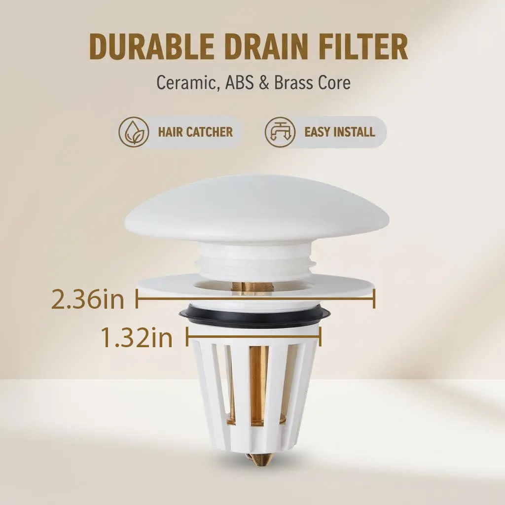 Yilybuy Ceramic Bathroom Sink Stopper Hair Catcher, Pop-Up Sink Drain Filter with Filter Basket, Bathroom sink drain plug, Durable ABS & Brass Core, Easy-to-Install, Fits 1.34" Bathroom Gadget