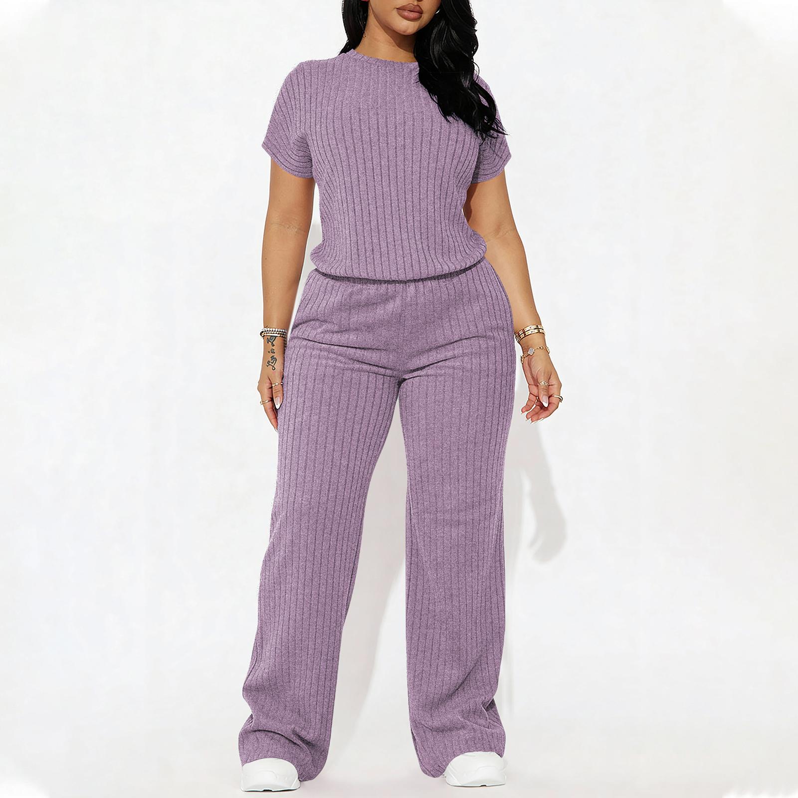 Women's Solid Shortsleeve Crewneck Ribbed Top & Wide Leg Pants Minimalist Casual Fitted Fashion Cozy Top & Trousers for Daily Outdoor Wear Ladies Clothes for Summer Womenswear Yoga Clothes Set Black Batwing Suits Suits Gamis