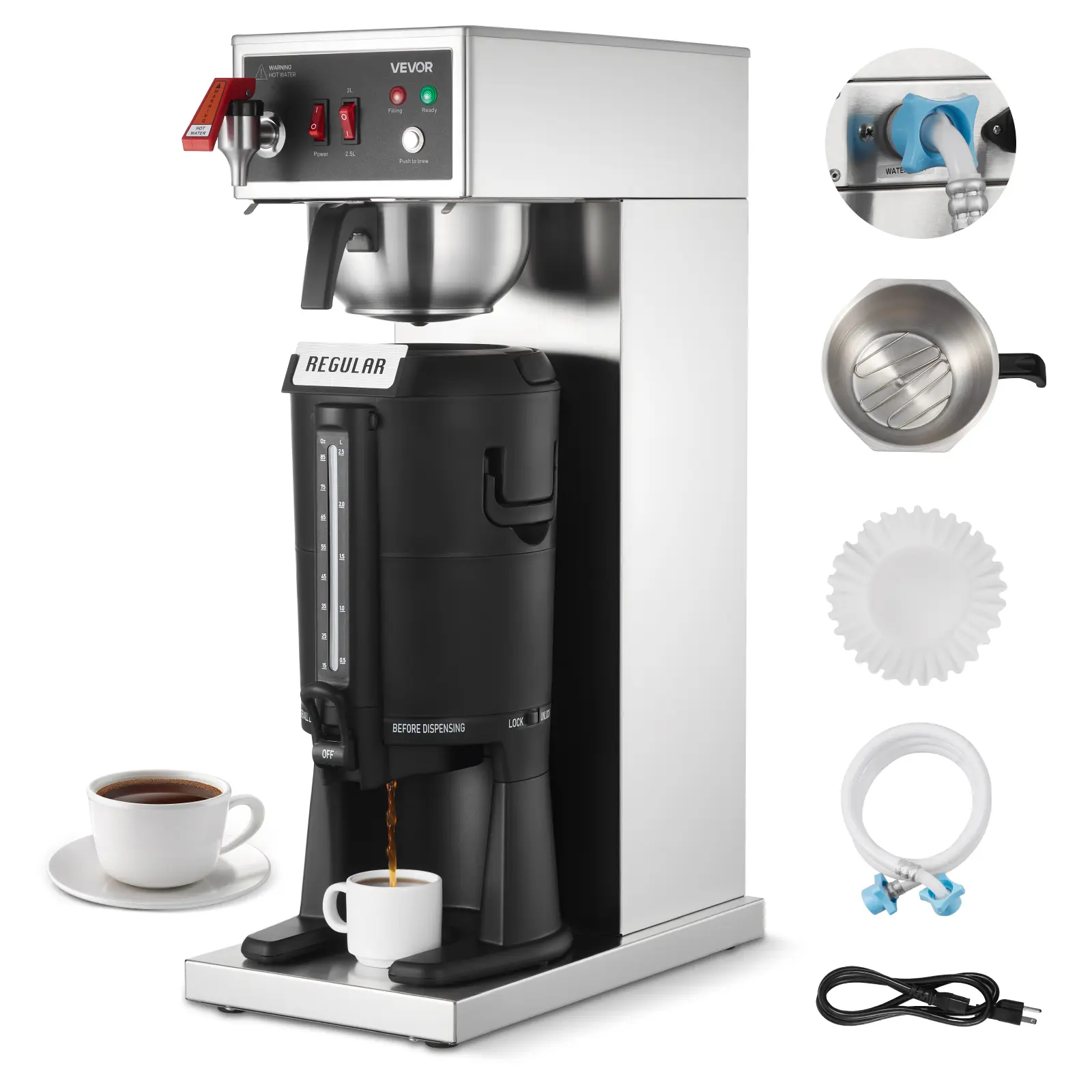 【Summerfinds】VEVOR Commercial Drip Coffee Maker, 16-17 Cups, 2.5L Thermal Carafe, 4-Hour Keep Warm, Stainless Steel Brewer with Automatic Water Filling, Efficient Coffee Brewing & Instant Hot Water Supply for Commercial Users & Home, Easy Operation