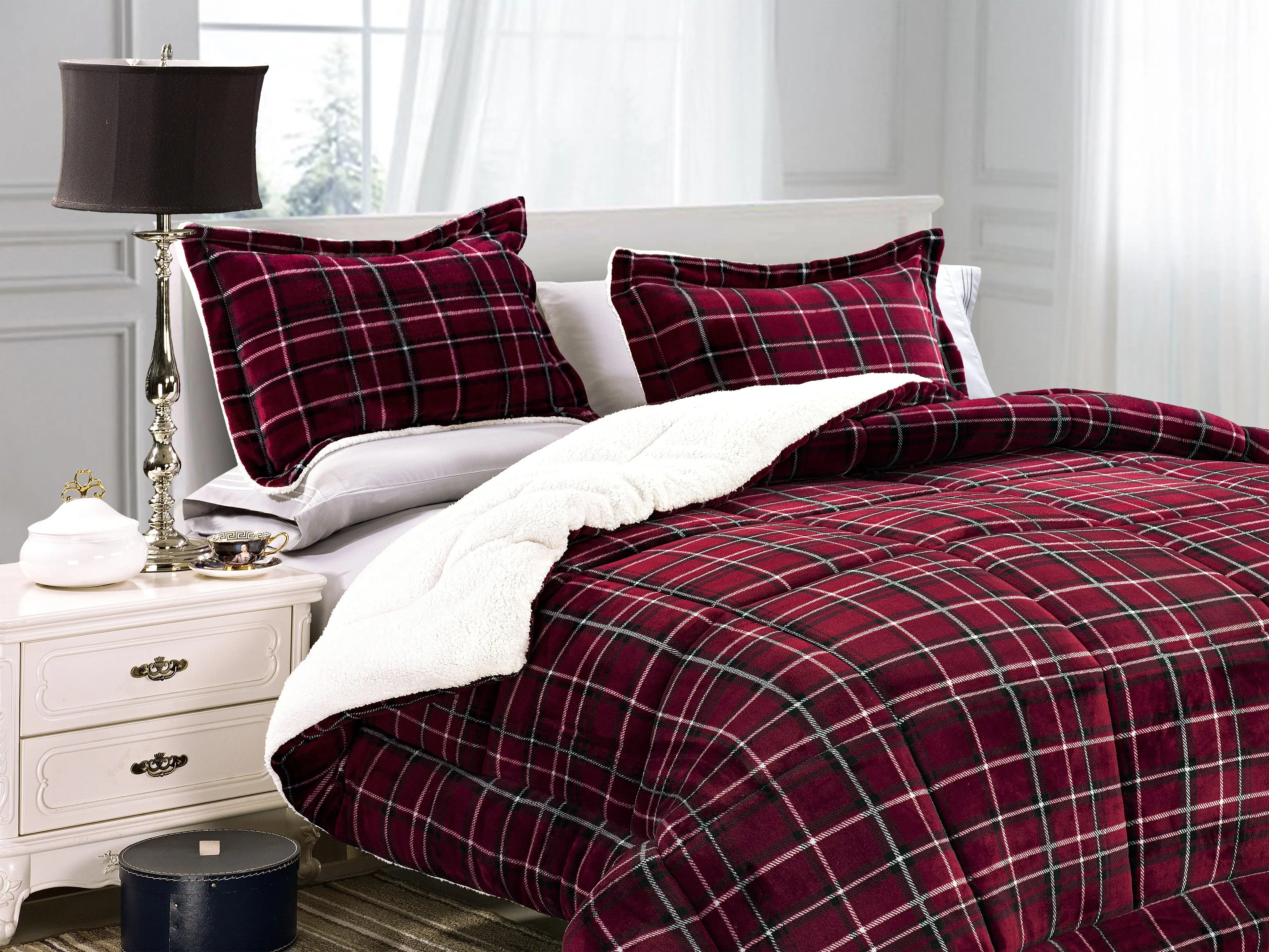 Elegant Comfort 3-Piece Plaid Micro-Suede Reversible Sherpa Comforter Set – Lodge-Style Cozy Warm Bedding