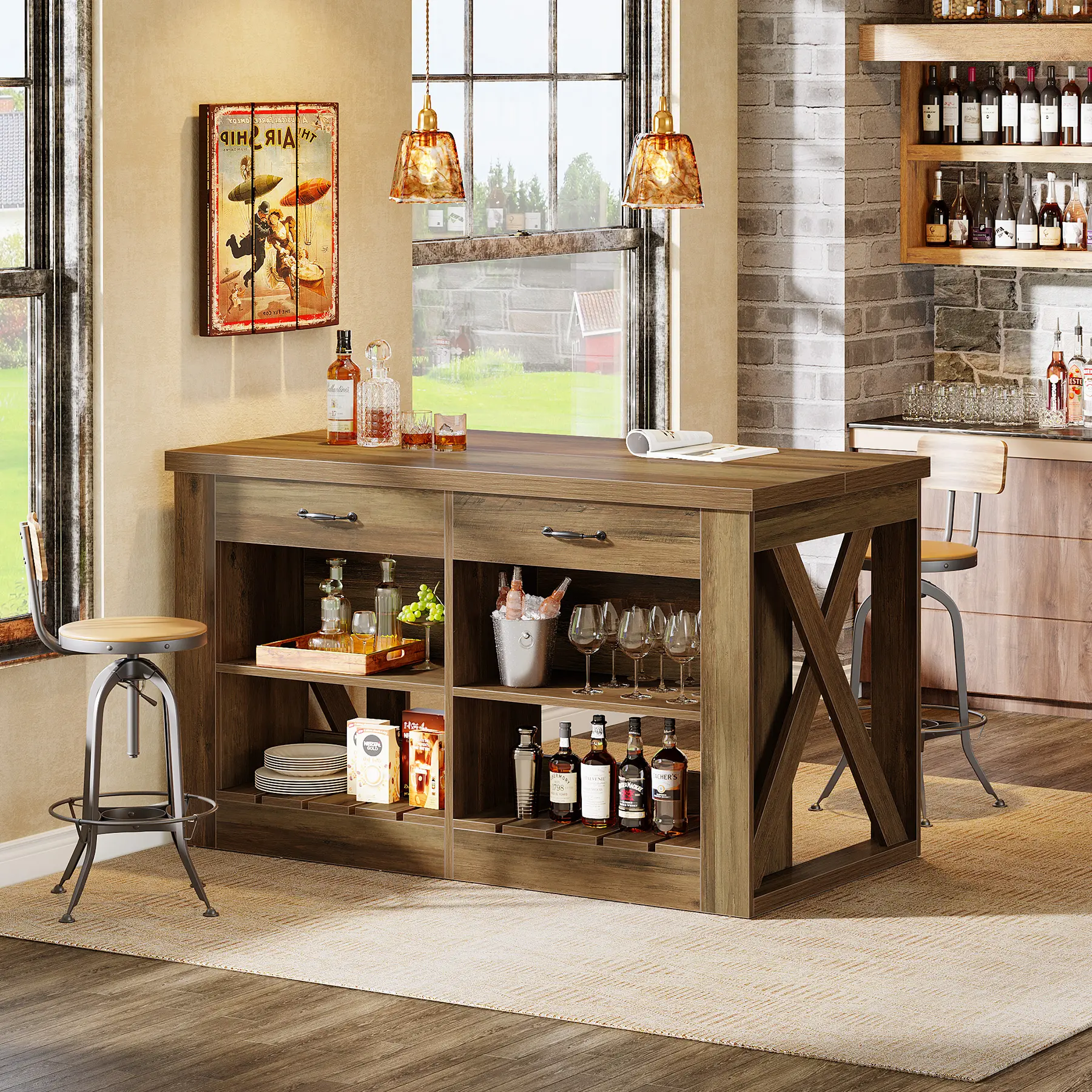 LITTLE TREE Kitchen Island with Storage, 55" Farmhouse Stationary Island Table with Seating Area, Wooden Kitchen Bar Table with 2 Drawers and Open Shelf, Brown