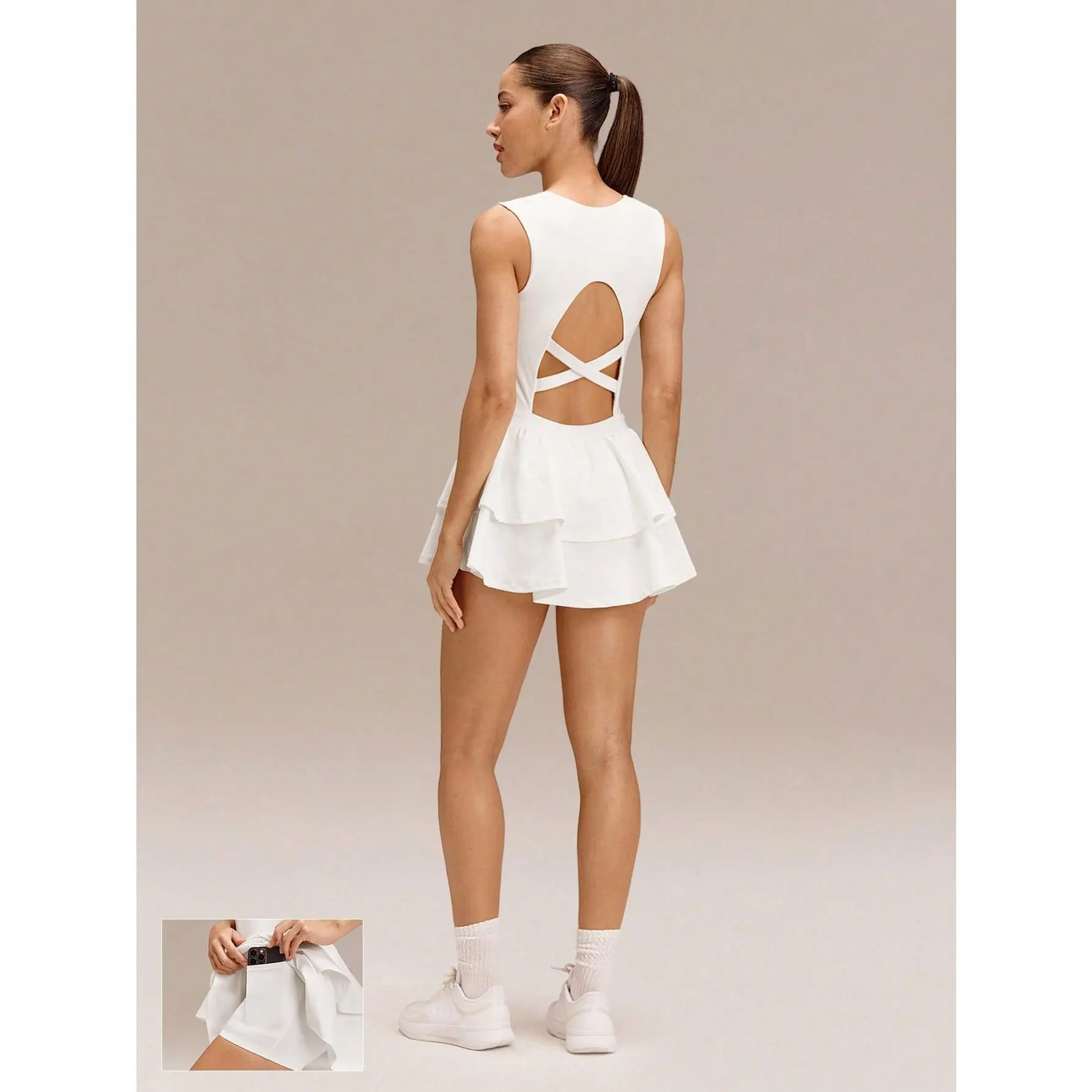GLOWMODE Game On Buttery-Soft Quick-Dry Removable Cups Built-In Shorts Side Pockets Squareneck Cutout Back Tiered Tennis Dress Golf Pickleball Workout Gym Daily Casual Wear