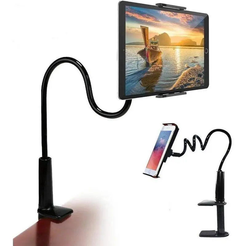 Black Aluminium Alloy Gooseneck Tablet & Smartphone Holder Stand, Adjustable Flexible Arm Mount with Clamp, Sports & Outdoor Accessories for 4.7-10.5" Devices (iPad, Galaxy Tabs, Kindle Fire, Switch), Cord-Ready Plastic Base
