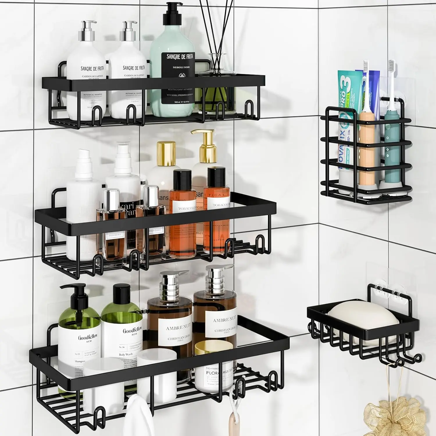 5-Pack Matte Black Shower Caddy Set, No-Drill Adhesive Stainless Steel Bathroom Organizer with Soap Dish & Toothbrush Holder | Rustproof Space Saving | Apartment Essentials Summer Must Have |  bow mount for wall