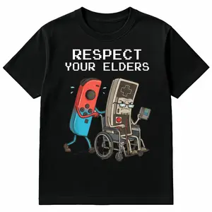 Funny Retro Gamer T-Shirt "Respect Your Elders" Graphic Tee Vintage Video Game Controller Shirt Men's Casual Cotton Top