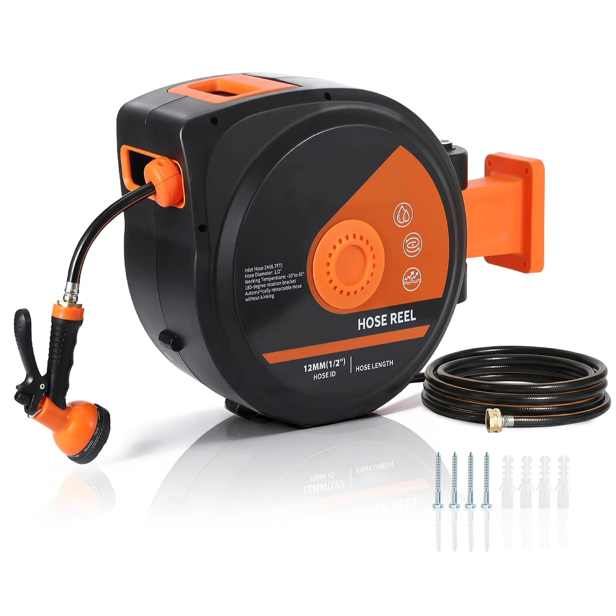 Heavy Duty Retractable Garden Hose Reel, 1/2" x 130ft Wall Mounted Hose Reel, Auto Rewind & Slow Return, Any Length Lock, 180° Swivel Bracket with 10 Function Spray Nozzle, Weather UV Resistant for Yard Lawn Patio, Lawn Care, Yard Watering