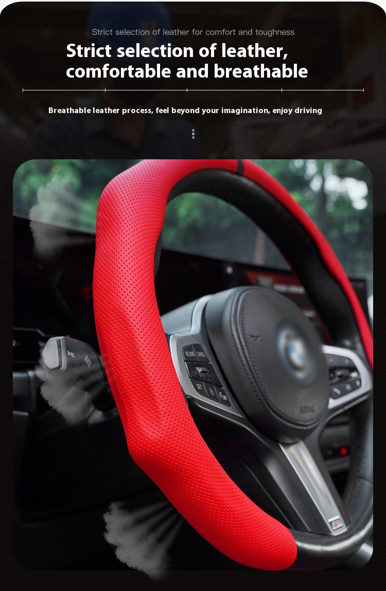 Napa Nappa Leather 15Inch 5D Premium Steering Wheel Cover Ultra-Thin Breathable Anti-Slip Sweat-Resistant Easy Install Universal Fit Enhance Driving Safety Comfort Must-Have Car Essential White