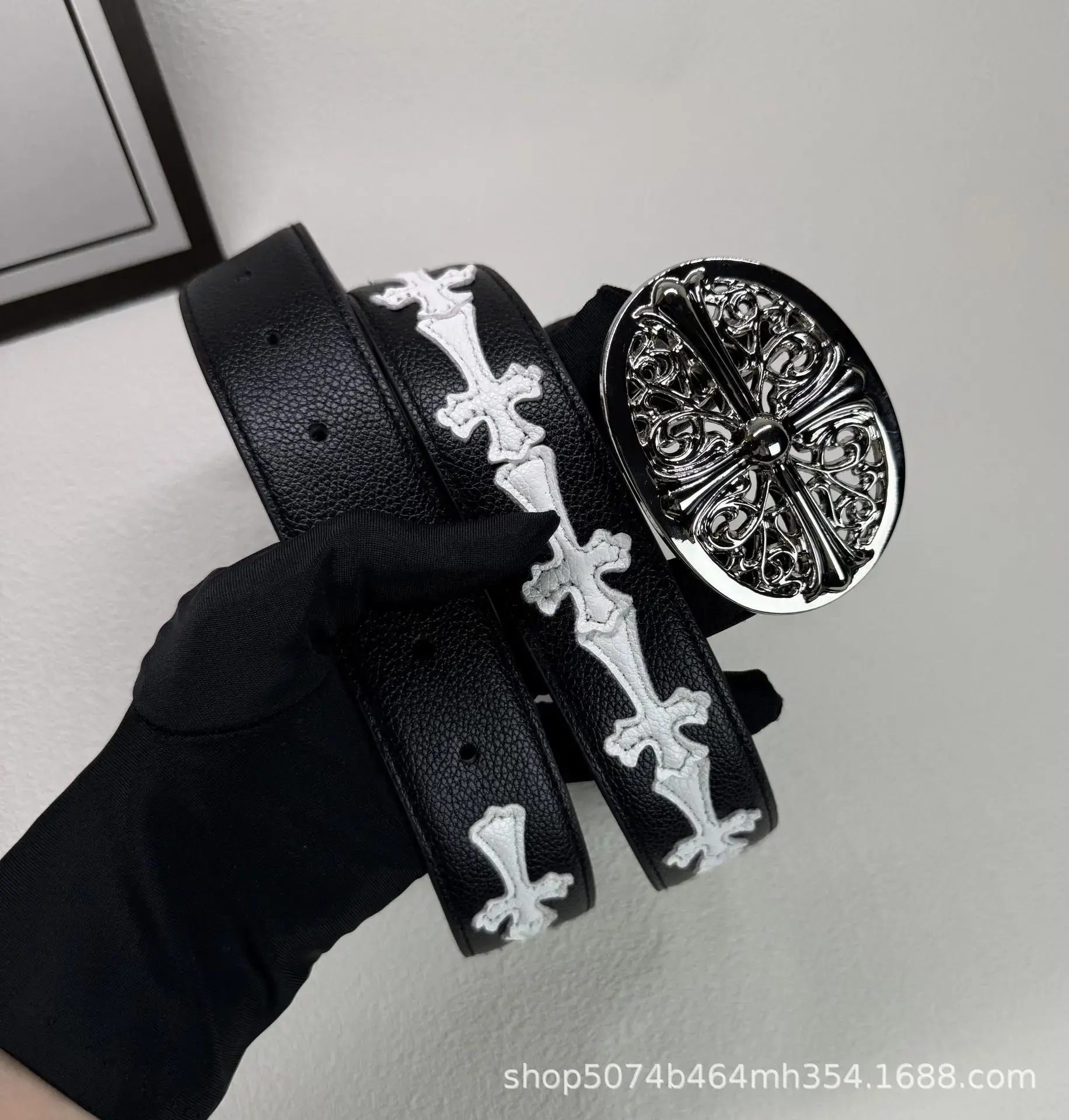 Gothic Cross Embossed PU Leather Belt Vintage Oval Cross Buckle Adjustable Unisex Jeans Belt