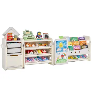 【FathersDayGift】VEVOR Kids Toy Storage with Bookshelf,  , 4-Tier Large Toy Storage Organizer with 10 Plastic Movable Bins, Kids Cubby Cabinet with Bookshelf and Drawing Board for Study Room, Playroom, Classroom, Nursery
