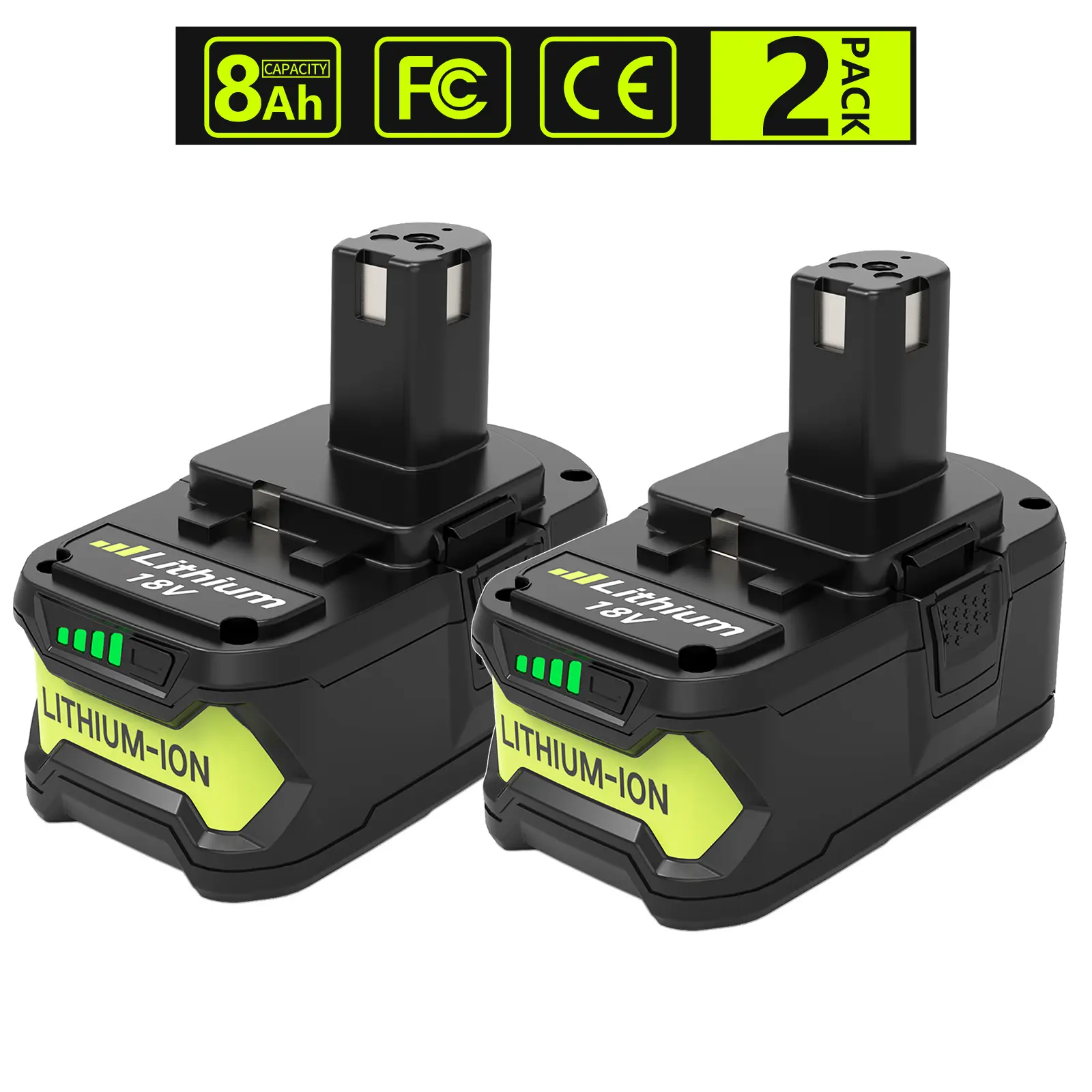 2-Pack 18V 8.0Ah (8000mAh) Li-Ion Rechargeable Lithium Ion Batteries, Overload-Safe Replacement for Ryobi 18V ONEPlus Series, Compatible with P102 P103 P104 P105 P107 P108 P109 Cordless Tools, W/ User Manual, Lithium Ion Battery