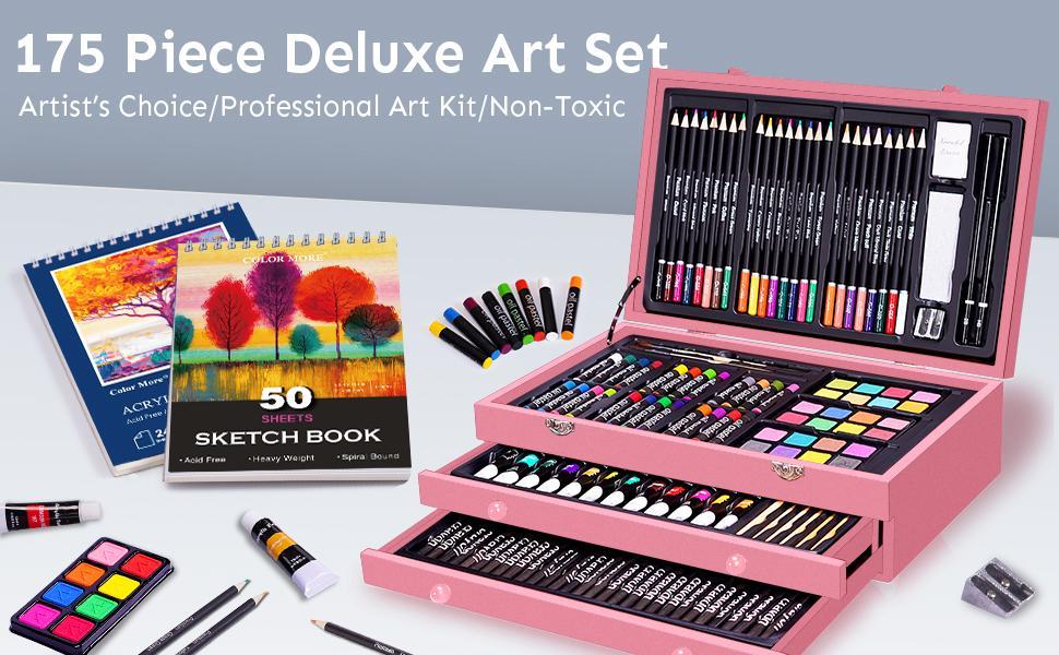 175 Piece Deluxe Art Set Drawing Painting Kit, Acrylic Paints, Crayons, Colored Pencils, Painting Materials, Professional Art Kit in Wooden Case, Art Supplies for Adults, Teens, Kids, Artists, Gifts for Birthdays, Art Maker,  Easter Gifts Basket Stuffers